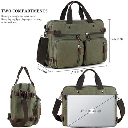 CROCOD 3 In 1 Canvas Convertible Laptop Bag for Men Women, 17.3 inch Laptop Messenger Bag Work Briefcase, Computer Shoulder Bag for Travel Business Office (Green, 17.3 Inch) - color: Green