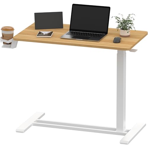 SANODESK 32''Pneumatic Adjustable Overbed Bedside Table with Hidden Casters | Medical Mobile Side End Table Laptop Computer Standing Desk Cart with Tray, Hospital and Home Use(31.5" W x 17.7" D,Maple) - color: Maple, size: Large