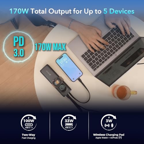 AMPSOS 170W Power Bank 25000mAh, 100W USB-C PD Laptop Charger, 90Wh TSA Approved Battery Pack