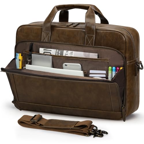 RAINSMORE Mens Laptop Bag 16 Inch Leather Briefcase Vintage Messenger Bag for Men Large Crossbody Shoulder Office Computer Bag Retro College Satchel Bag for Work, Business,Travel, Brown - color: Brown