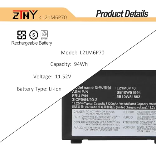 L21L6P70 L21M6P70 Laptop Battery Replacement for Lenovo ThinkPad P16 Gen 1 | ThinkPad P16 Gen 2 (Type 21FA, 21FB) Series L21C6P70 L21D6P70 SB10W51995 SB10W51994 11.52V 94Wh 6-Cell