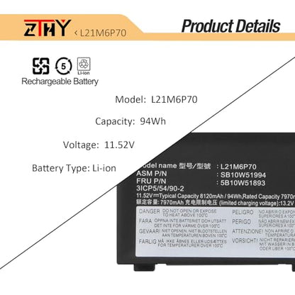 L21L6P70 L21M6P70 Laptop Battery Replacement for Lenovo ThinkPad P16 Gen 1 | ThinkPad P16 Gen 2 (Type 21FA, 21FB) Series L21C6P70 L21D6P70 SB10W51995 SB10W51994 11.52V 94Wh 6-Cell