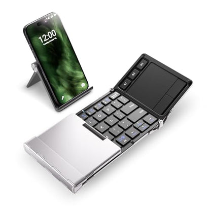 iClever Foldable Keyboard, BK08 Foldable Bluetooth Keyboard with Touchpad, Aluminum Build, USB-C Charge, Equipped with Stand Holder and Carrying Bag, Portable for Laptop, iPad, iPhone, Silver | Multi-Touch Trackpad, Pocket-Sized, Aluminum Build, 3-Device