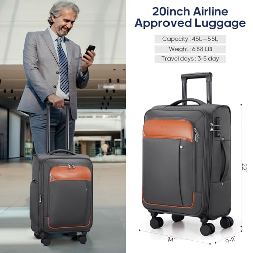 UKEIN Expandable Carry On Luggage 22x14x9 Airline Approved, 20Inch Softside Carry On Suitcase with Wheels & TSA Lock, Travel Suitcase with 4-Piece Packing Bags for Women Men (Grey, Carry on （20in）)