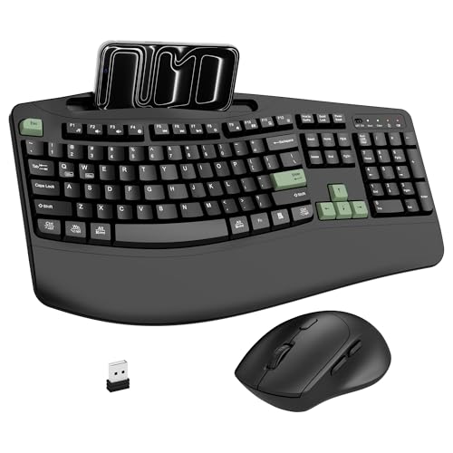Wireless Keyboard and Mouse Combo, 2.4G Full Size Wave Keys Ergonomic Keyboard with Wrist Rest, Phone Holder, 3-Level DPI Wireless Silent Mouse with 6-Buttons, for Windows (Avocado Green and Black) - color: Black and Avocado Green