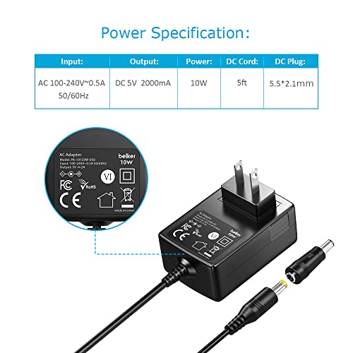 Belker 5V 2A 1.5A 1A USB C AC DC Adapter 10W Power Supply with 9 Tips | 5V Wall Charger Power Cord for Household Electronics TV Box Router Mini Fan LED Strip Speaker - size: 5V 2A