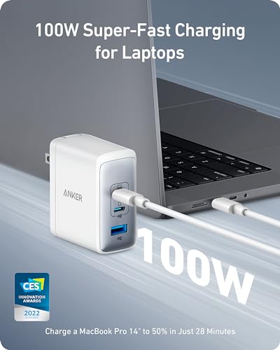 Anker Nano 100W MacBook Charger, 3-Port Fast Compact GaN USB Charger Block for MacBook Pro/Air, Pixelbook, ThinkPad, Dell XPS, iPad Pro, iPhone 17 Series, Galaxy S23,and More (White, 1 Pack & 1 Cable) - color: white