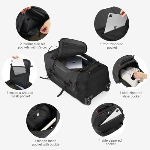 Vomgomfom 86L Collapsible Wheeled Duffle Bag Waterproof, Black | Detachable Backpack Straps, Padded Laptop Sleeve, Quilted Reinforced Base, U-Shape Mesh Pocket, Shoe Compartment - color: Black