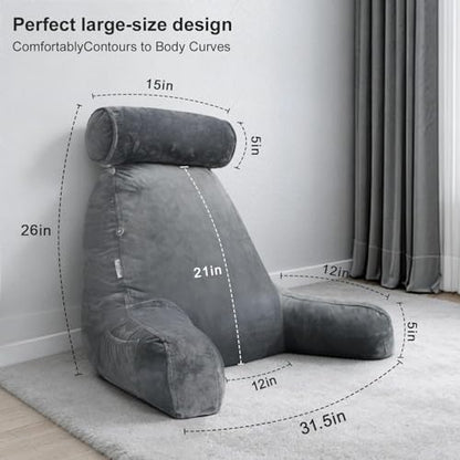 Reading Pillow for Adults Sitting‑Up in Bed, Backrest with Arms | Detachable Neck‑Cushion; Shredded Memory‑Foam; Side Pockets; Washable Velvet Cover; Gaming & TV, Sofa Use - color: Grey