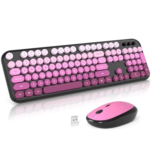 Atelus Wireless Keyboard and Mouse Combo, Typewriter Full Size Keyboard with Number Pad and 2 in 1 USB Connected Mouse for PC Computer Laptop Desktop Windows 7 8 10 11 (Black Pink) - color: Black Pink