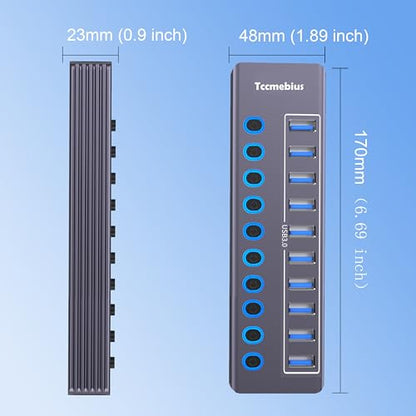 Powered 10-Port USB 3.0 Hub, USB C to 10 Ports USB Data Hub Splitter with Individual LED On/Off Switche, 3.3FT Cable, 12V/3A Power Adapter, for Laptop MacBook Pro/Air PC (Aluminum Gary)