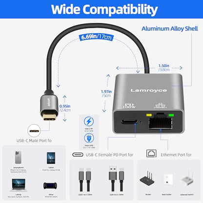 USB-C to Ethernet Gigabit Adapter with 100W Power Delivery, USB 3.1 Type-C to RJ45 1000Mbps Ethernet LAN Network Dongle Adapter, Charging and Surfing 2 in 1 for PC, Laptop, Tablet, Smartphone