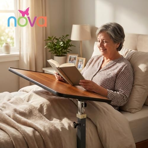NOVA Overbed Tilt-Top Table with Locking Swivel Wheels, Height Adjustable Bedside Table, 3-Position Tilt Walnut Wood Grain Top, Durable Steel Base, Easy Assembly, Bedside Laptop & Meal Table - style: Tilt Top