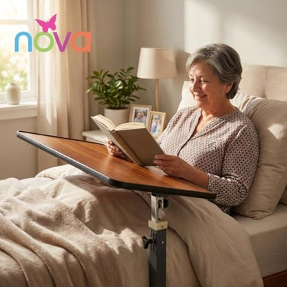 NOVA Overbed Tilt-Top Table with Locking Swivel Wheels, Height Adjustable Bedside Table, 3-Position Tilt Walnut Wood Grain Top, Durable Steel Base, Easy Assembly, Bedside Laptop & Meal Table - style: Tilt Top