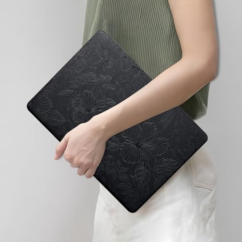 Floral Logo Cutout Case for MacBook Air 15 inch 2026 2025-2023 M5 M4 M3 M2 | Model A3448 A3241 A3114 A2941, Elegant Textured Retro Leather Hard Shell Mac Air 15 inch Laptop Case & Keyboard Cover, Black - color: Embossed Floral Black