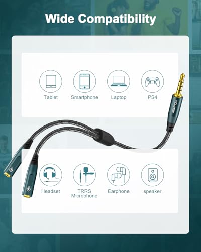 Headphone Splitter (4 Feet) 3.5mm TRRS Male to Two TRRS Female Adapter Compatible with 2 Audio and Microphone Headsets to PC, Laptop, Android, Windows, Smartphones - size: 4 Feet