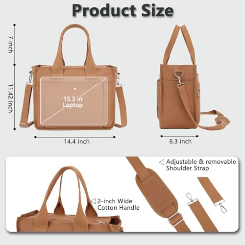 Fammart Large Canvas Tote Bag for Women with Zipper & Compartments, Crossbody Laptop Bags for Work College Travel - color: Brown