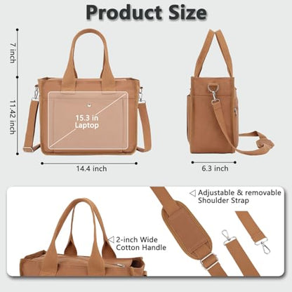 Fammart Large Canvas Tote Bag for Women with Zipper & Compartments, Crossbody Laptop Bags for Work College Travel - color: Brown