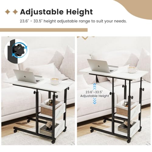 Hadulcet Adjustable C Table with Charging Station, Tiltable Desk C Shaped End Table for Couch, Over Bed Table with Wheels Adjustable Height, Hospital Table Laptop Stand Drawing Desk, Marble White - color: Marble White, style: Upgrade