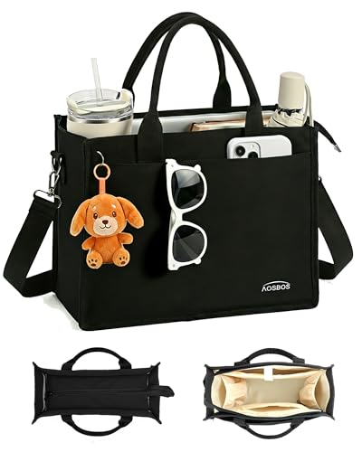 Canvas Tote Bag for Women With Zipper,14" Laptop Tote Bag for Work | Water Bottle Pocket,Padded Laptop Sleeve,Inner Key Leash,Premium Metal Hardware,Structured Canvas - color: Graphite Black