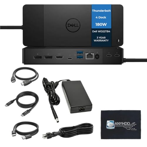 Dell WD22TB4 Thunderbolt 4 Dock Bundle - 40Gbps USB-C/USB-A, 3 Year Warranty with 180W Adapter, Anyhdd HDMI, DP, USB-C Cable & Cloth - Docking Station, Supports Dual/Triple Monitors & 4k Display