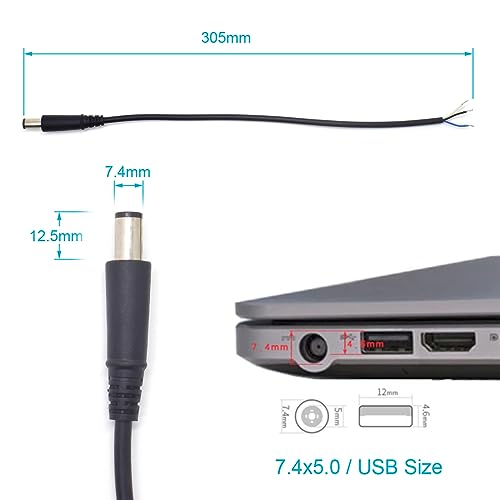 2Pack 1FT 7.4x5.0mm DC 3 Wire Power Pigtail Cable for HP Dell Laptop Repair | 7.4mm x 5.0mm Male Plug, 0.3M 3 Wire Bare Open End Cable, Power Adapter Cord for HP DELL 19V Charger, Power Supply DIY Repair - size: 7.4mm x 5mm Male