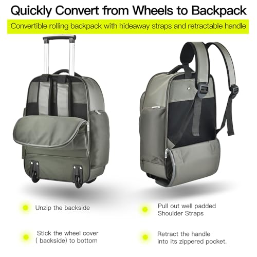 Heliar Rolling Backpack with Wheels | Wheeled Roller Backpack for Business & Travel, Adjustable 13-18 Inch Laptop Backpack with Laptop Compartment & Carry-On Design - color: Green