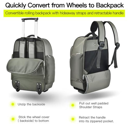 Heliar Rolling Backpack with Wheels | Wheeled Roller Backpack for Business & Travel, Adjustable 13-18 Inch Laptop Backpack with Laptop Compartment & Carry-On Design - color: Green