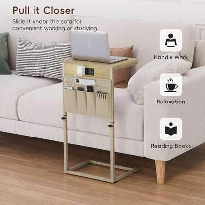 Vagusicc C-Shaped End Table with Charging Station, Small Side Table for Couch, 33" Tall C Table Adjustable Height Side Table, Couch Tables that Slide Under, Sofa Table TV Tray for Living Room, Natural - color: 1pc Natural Walnut
