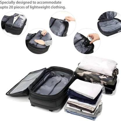 60L Vacuum Compression Backpack with Wheels Expandable Men Waterproof Carry On Luggage Travel Backpacks 17 inch Laptop Backpack Flight Approved(With Pump)