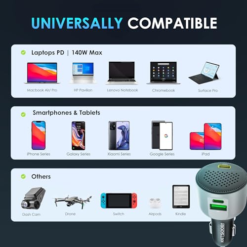 170W Car USB Charger with Built-in Heat Dissipation System, 3 Ports Car Adapter PD 3.1 140W/ PD 30W+QC18W Compatible with MacBook, Laptop, iPhone 17/16/15, Samsung Galaxy S24 (Black)