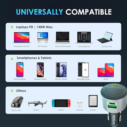 170W Car USB Charger with Built-in Heat Dissipation System, 3 Ports Car Adapter PD 3.1 140W/ PD 30W+QC18W Compatible with MacBook, Laptop, iPhone 17/16/15, Samsung Galaxy S24 (Black)