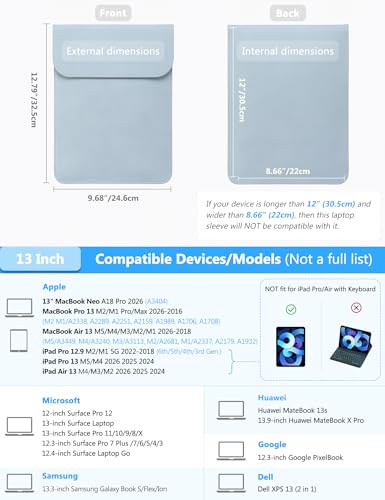HYZUO 13 Inch Laptop Sleeve PC Case for MacBook Pro 13 M2 M1 2026-2016, 13" MacBook Neo 2026 A3404, MacBook Air 13 M5 A3449 M4 M3 M2 M1 2026-2018, 13" iPad Pro/Air, Surface Pro, XPS 13, Pale Blue - color: Pale Blue, size: 13 Inch