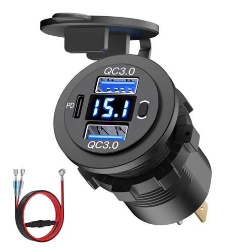 72W Dual USB Quick Charge 3.0 & PD USB C Car Charger Socket, 12V/24V USB Outlet with LED Voltmeter, Power Switch, 4X Faster Charging, Multi-Protection, Universal for Car, Boat, Truck & RV(Blue) - color: blue