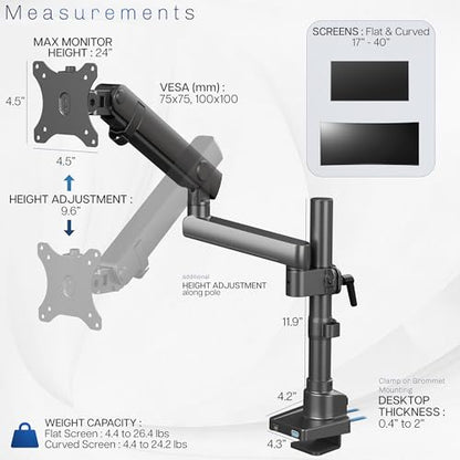 VIVO Premium Aluminum Full Motion Single Monitor Desk Mount Stand with Lift Engine Arm, Pole Extension, and USB Ports, Fits Screens up to 40 inches, STAND-V101BDU - size: Single monitor, style: Extended