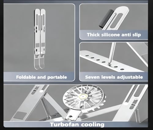 Adjustable Bracket with Detachable Cooling Fan - Portable Foldable Lifting Height, with Heat Sink, Ergonomic and Anti Slip Design, Suitable for 10 inches -17 inches (Silver)
