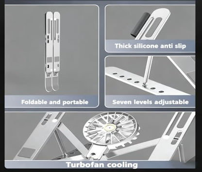Adjustable Bracket with Detachable Cooling Fan - Portable Foldable Lifting Height, with Heat Sink, Ergonomic and Anti Slip Design, Suitable for 10 inches -17 inches (Silver)