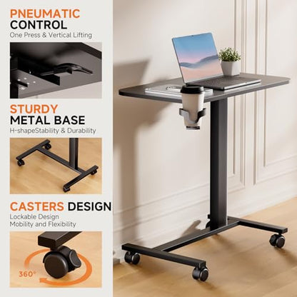 COMHOMA Adjustable Overbed Bedside Table with Lockable Wheels, Pneumatic Mobile Standing Laptop Desk, Small Standing Desk Portable Rolling Overbed Table Hospital Home Use(28" W x 16" D, Black) - color: Black, size: Small