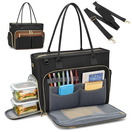 RAINSMORE Teacher Tote Bag for Women 15.6 Inch Laptop Bag for Women with Insulated Lunch Compartment for Office College - color: Black
