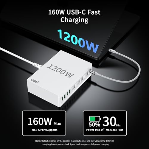 1200W USB C Charger Block.Fast MacBook Pro Charger Charging Station 12 Port 140W PD PPS AVS HUB for All iPhone 17 Pro Max/17 Air/16 SE/Samsung Galaxy 25/ MacBook Pro/Air/iPad Pro/240W Cable - color: White