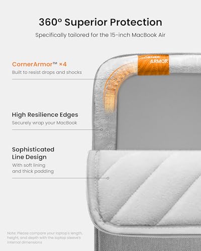tomtoc 360° Protective Laptop Sleeve for 15-inch New MacBook Air M5/A3448 (2026), M4/A3241, M3/A3114, M2/A2941, Water-Resistant Laptop Case Fits 15-inch MacBook Pro A1990 A1707 & Surface Laptop AI PC | M4/A3241, M3/A3114, M2/A2941, Water-Resistant Laptop
