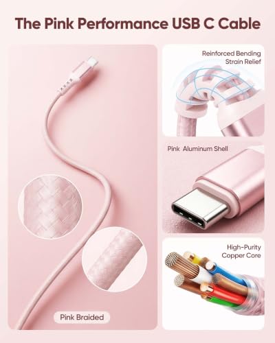 USB C Cable 15FT 2-Pack,Pink USBC 60W Fast Charging for MacBook Neo | Extra-Long , 60W PD Fast Charging, 480Mbps Sync, Braided, for MacBook Neo-Blush Pink, for iPhone 17/16/15,HP Book Pro14 - size: 15FT