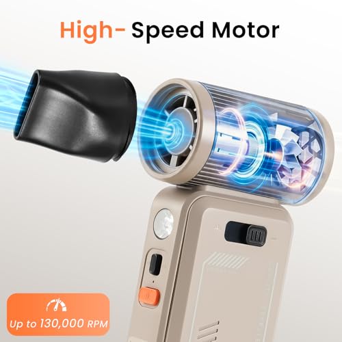 130,000 RPM Rechargeable Compressed Air Duster, Camel | Stepless airflow, LED work light and 4 attachments for keyboards, computers, cars and narrow spaces - color: Camel