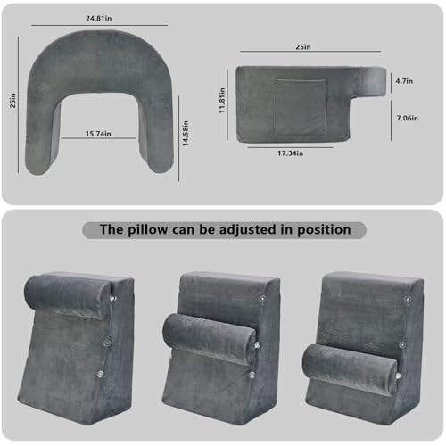 RSN Reading Pillow Set for Bed Sitting, 3 Piece Gaming Pillow-Ergonomic Back/Neck Support with Arms & Pockets, Bed Desk for Adults Laptop and Writing (Gray, OneSize)