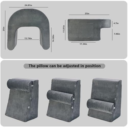 RSN Reading Pillow Set for Bed Sitting, 3 Piece Gaming Pillow-Ergonomic Back/Neck Support with Arms & Pockets, Bed Desk for Adults Laptop and Writing (Gray, OneSize)