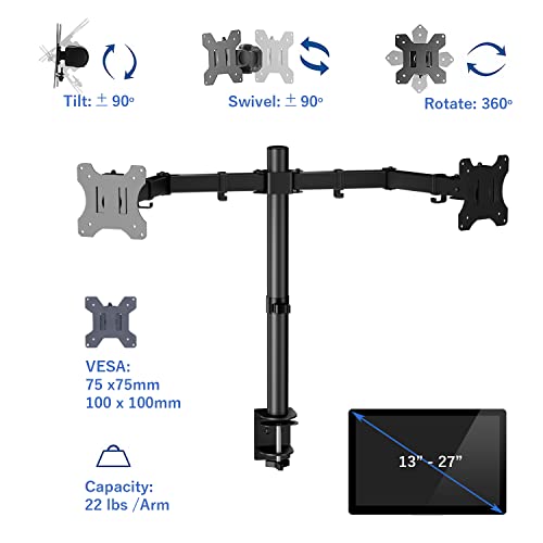 AEONS Dual Monitor Desk Mount Stand, Adjustable Dual Arm Mount fits up to 32 inch LCD Screen with VESA, Clamp and Cable Management, Black - style: Dual Arm, Black