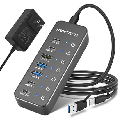 RSHTECH 7-Port Powered USB-C/USB 3.2 Data Hub Splitter, RSH-ST07C-4 | with 3 x 10Gbps USB-3.2(2C + 1A),4 USB-3.0 Ports(2C + 2A), 3.3ft USB-A/USB-C Cable, Touch Switches, and 5V Power Adapter
