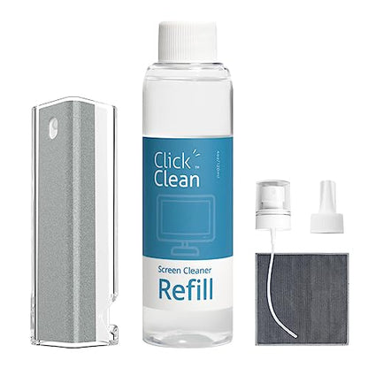 Click Clean Screen Cleaner Refill Kits - 1 Screen Cleane with 4 oz Cleaner Refill and 1 Microfiber Cloth(7.8 x 7.8in), 1 Mini Refill Funnel + 1 Sprayer, for All Phones, Laptop and Tablet Screens