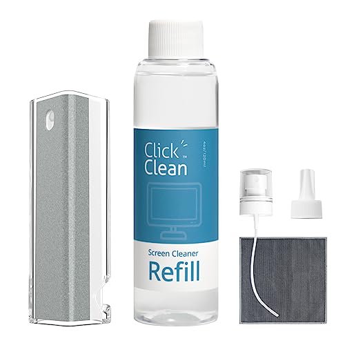 Click Clean Screen Cleaner Refill Kits - 1 Screen Cleane with 4 oz Cleaner Refill and 1 Microfiber Cloth(7.8 x 7.8in), 1 Mini Refill Funnel + 1 Sprayer, for All Phones, Laptop and Tablet Screens