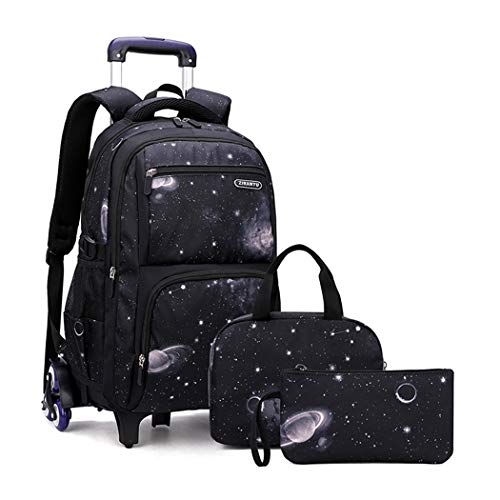 3Pcs Galaxy Boys Rolling Backpack Set with Lunch Bag, Galaxy Print Kids Backpack for Boys with Wheels - color: 3pcs-galaxy-black